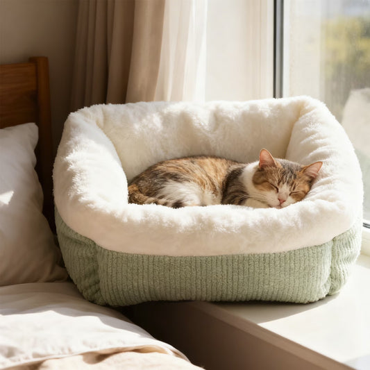 Plush Cat Bed for Small Dogs, Orthopedic Cuddler Pet Bed with Removable Washable Cushion & Non-Slip Bottom, Blue and White Square Fluffy Dog Cat Bed